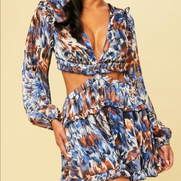 Cardi Blue Print Ruffle Romper Spring Dress - Picture 1 of 4